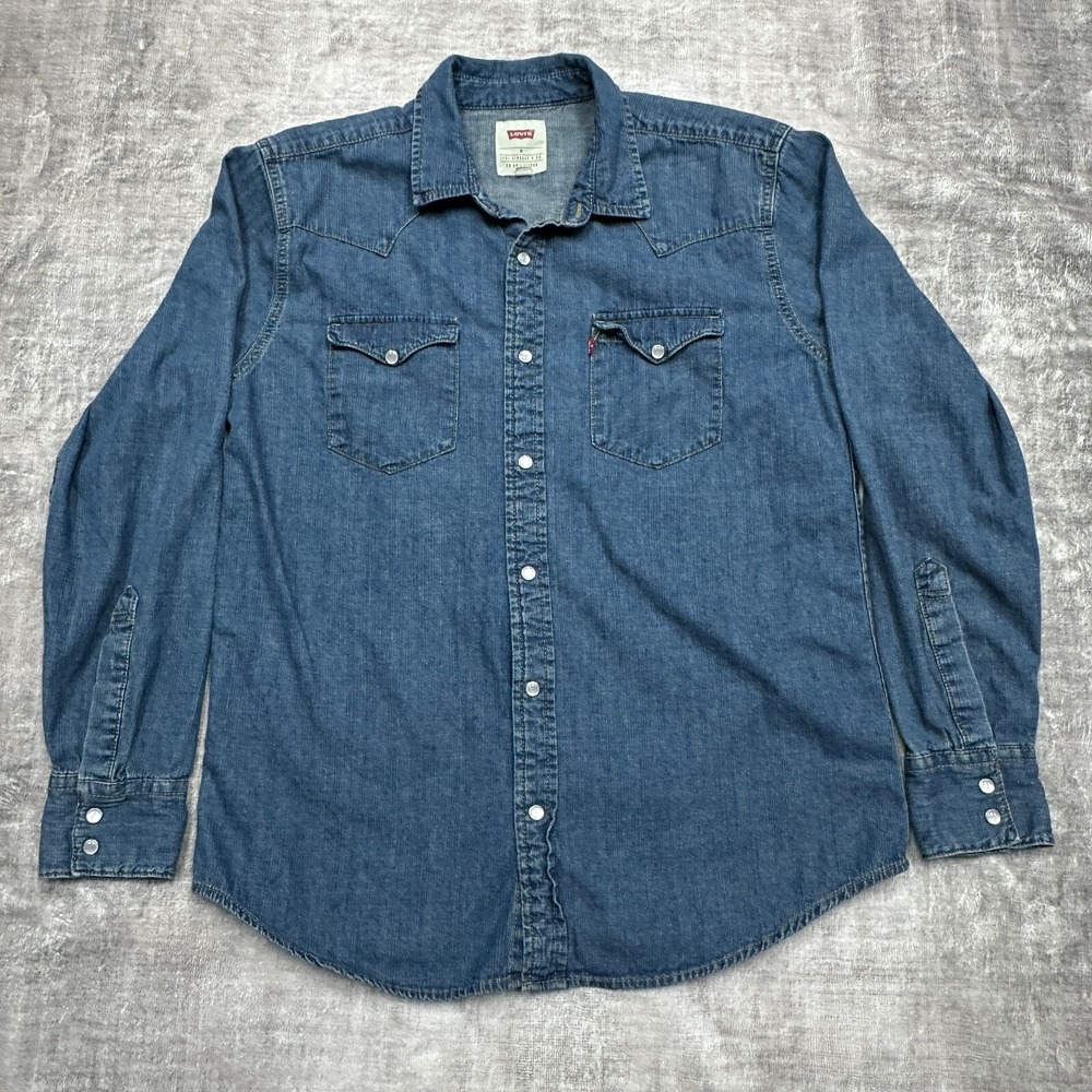 Levi Western Denim Shirt Blue Snap Button Workwear Cowboy Vintage Style Medium